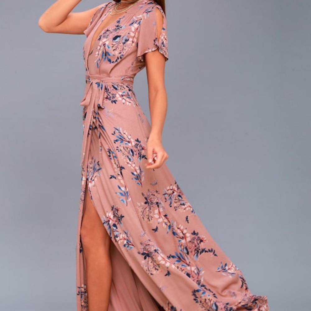 Lulus Fiorire Rusty Rose Floral Print Wrap Maxi Dress Pink - Size L